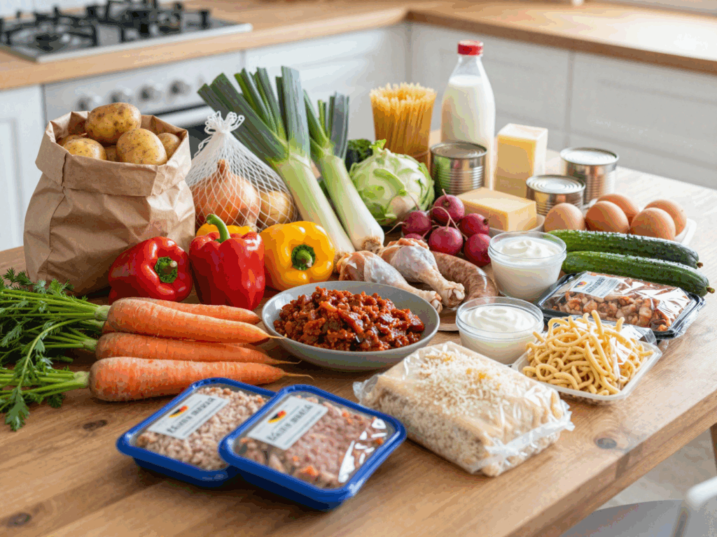 Der komplette Wocheneinkauf für sieben Abendessen auf dem Küchentisch ausgebreitet