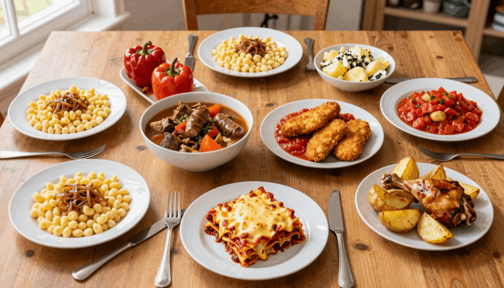 Sieben günstige Abendessen für die Familie nebeneinander auf dem Küchentisch