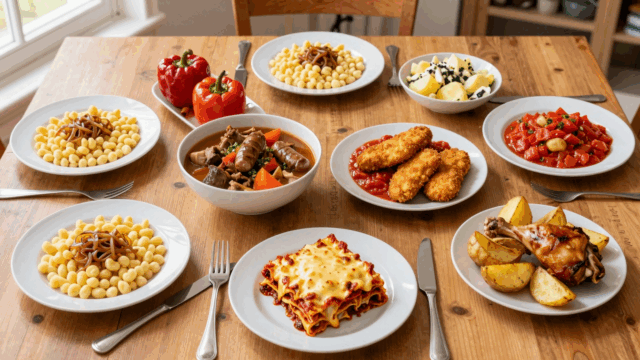 Sieben günstige Abendessen für die Familie nebeneinander auf dem Küchentisch