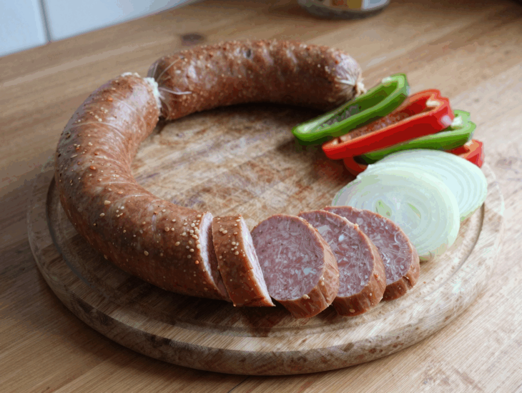 Fleischwurst in Streifen, Zwiebelringe und Paprikastreifen auf dem Brett