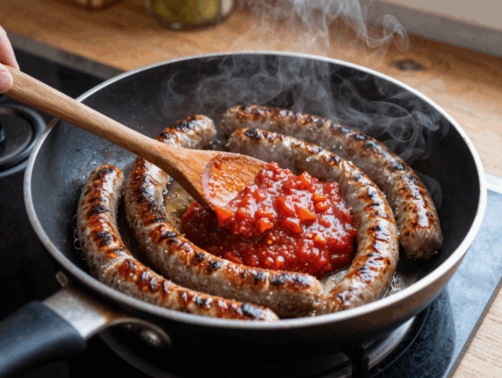 Wurststreifen braten mit gekräuselten Kanten in der Pfanne