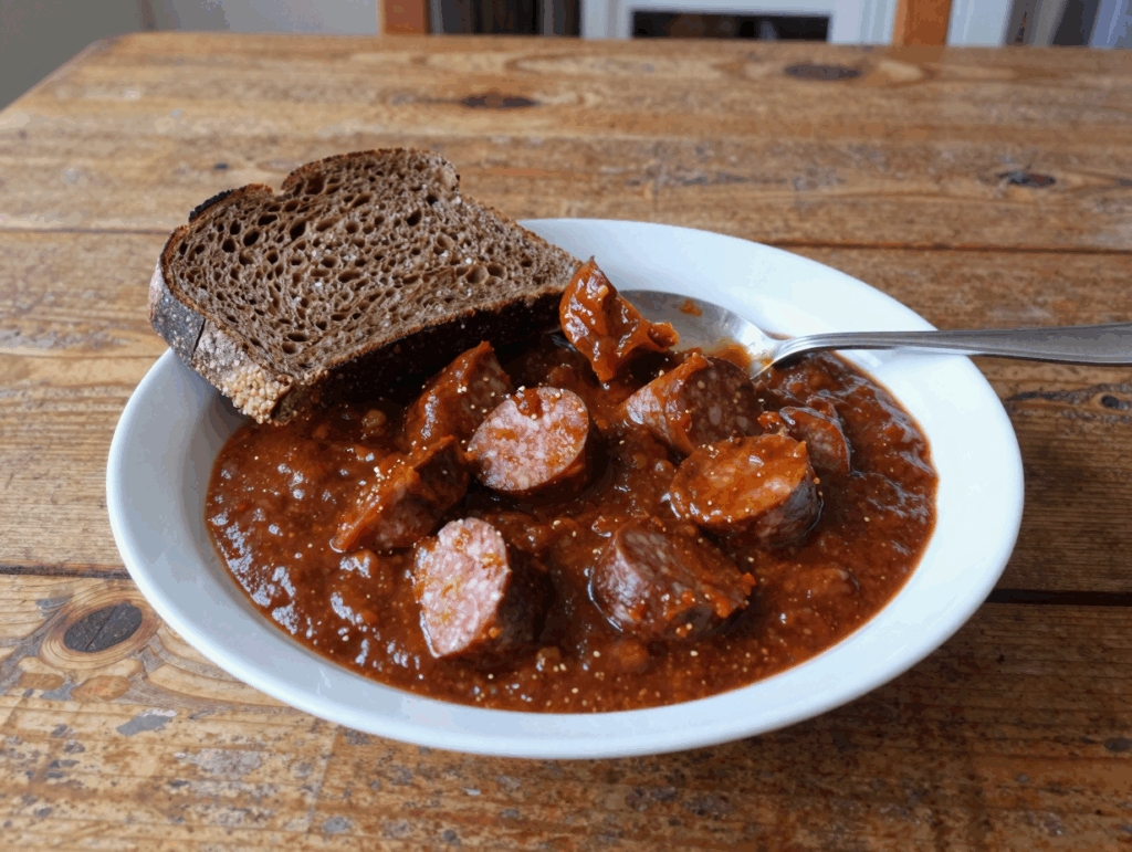 Teller Wurstgulasch mit einer Scheibe Brot zum Tunken