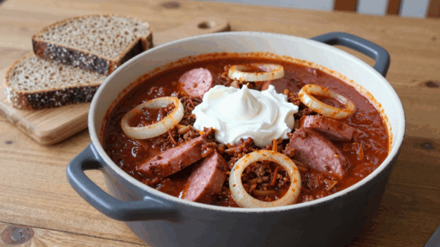 Topf mit Wurstgulasch in dunkelroter Paprikasoße, daneben Scheiben Mischbrot