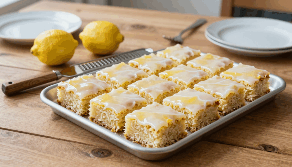 Zitronenkuchen vom Blech in Stücke geschnitten, mit weißem Zuckerguss überzogen