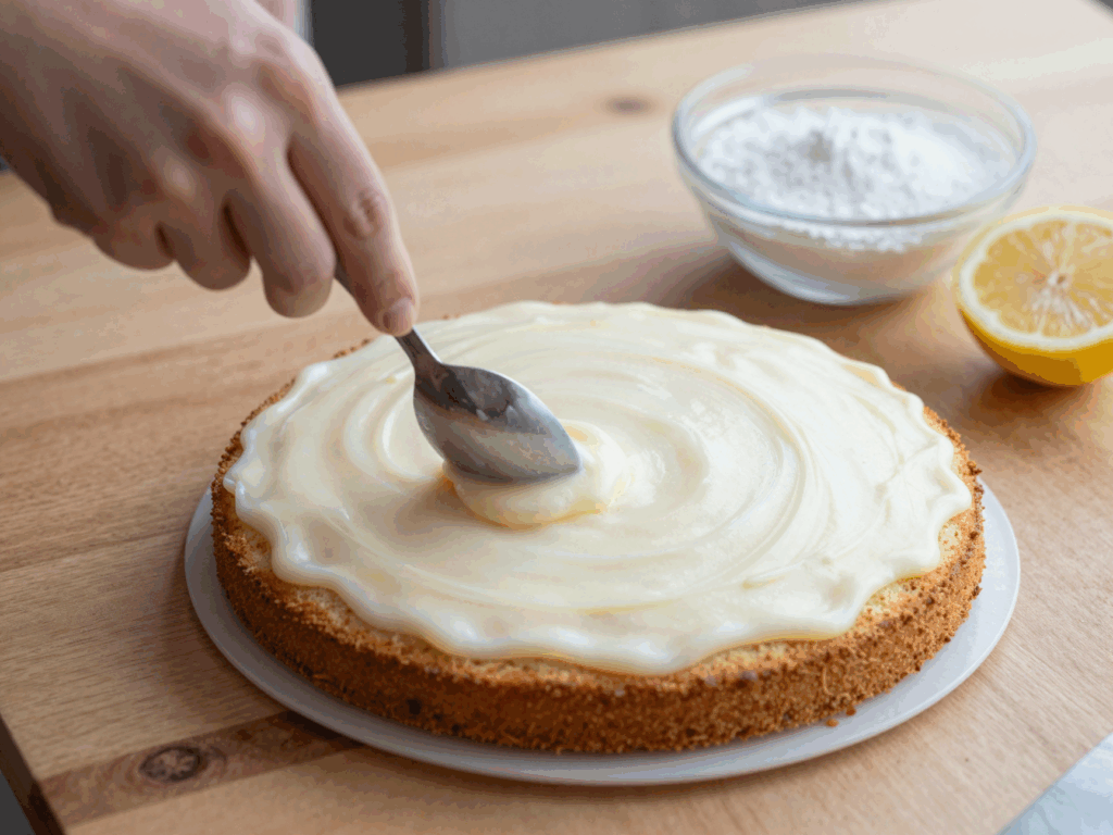 Dicker Zuckerguss wird mit dem Löffelrücken auf dem lauwarmen Blechkuchen verstrichen
