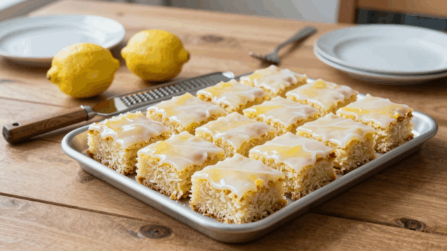 Zitronenkuchen vom Blech in Stücke geschnitten, mit weißem Zuckerguss überzogen
