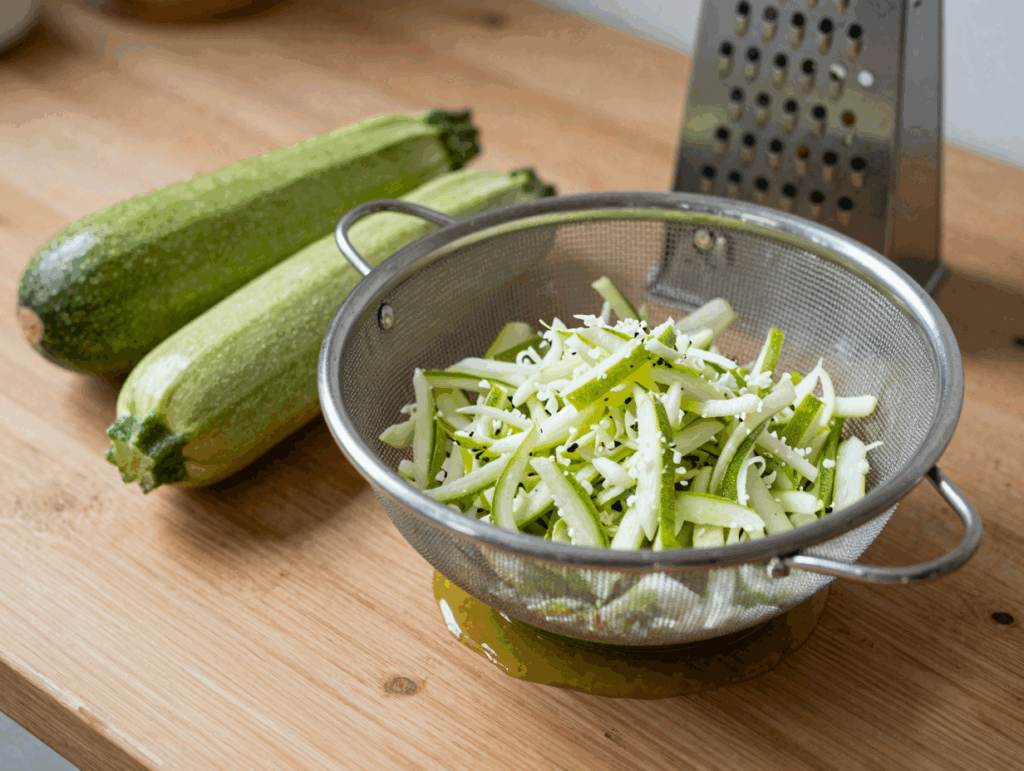 Geraspelte Zucchini entwässern im Sieb über einer Schüssel
