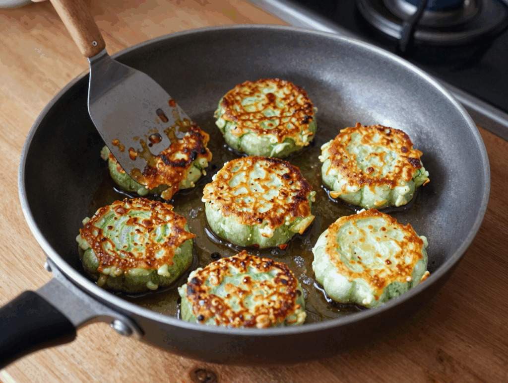 Kleine Zucchinipuffer braten in der Pfanne