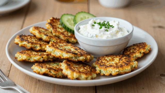 Teller mit kleinen goldbraunen Zucchinipuffern und einer Schüssel Quarkdip
