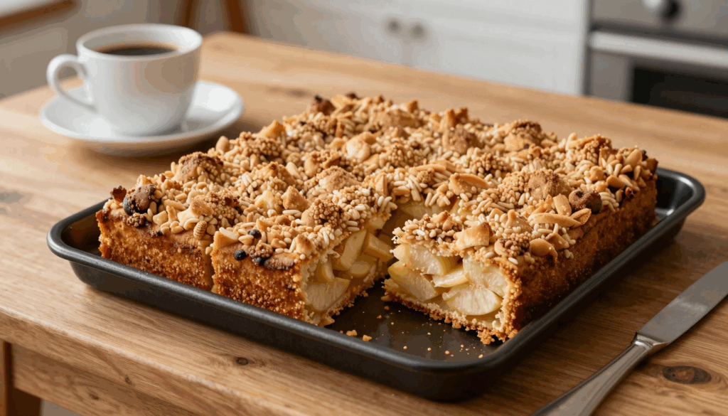 Apfelblechkuchen mit Zimtstreuseln auf dem Blech, in Stücke geschnitten