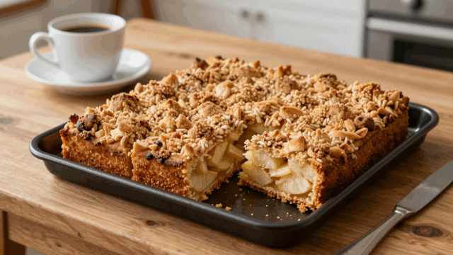 Apfelblechkuchen mit Zimtstreuseln auf dem Blech, in Stücke geschnitten