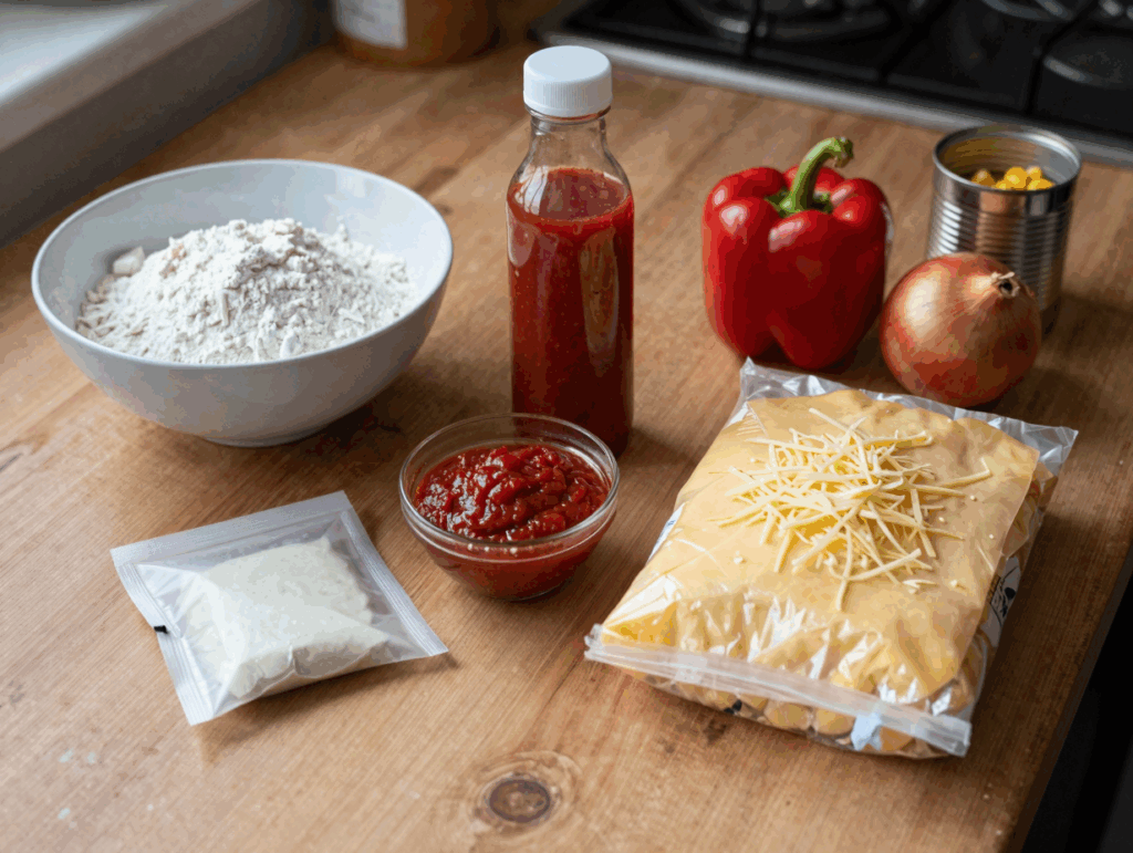 Zutaten für die Blechpizza: Mehl, Hefe, passierte Tomaten, Reibekäse, Paprika, Zwiebel und Mais