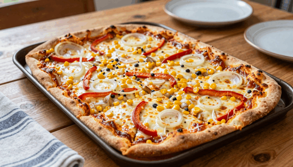 Blechpizza mit Paprika, Zwiebeln und Mais, in acht Stücke geschnitten