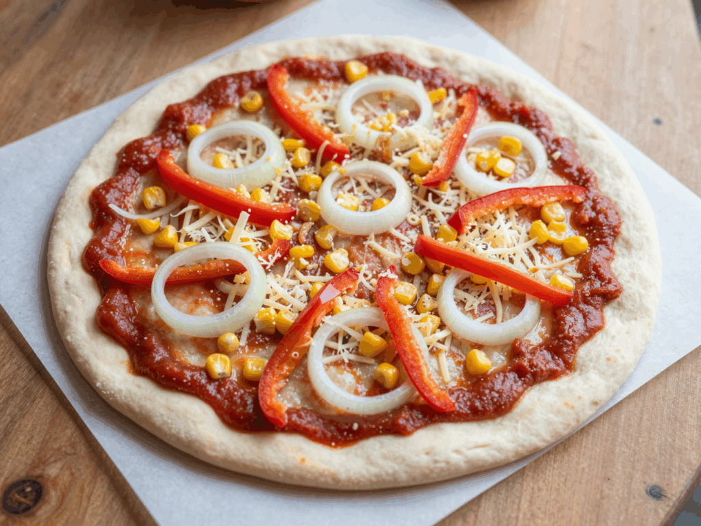 Das ungebackene Blech mit dünn ausgezogenem Teig, Tomatensoße, Gemüse und Käse