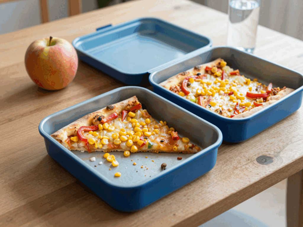 Zwei kalte Pizzastücke in der Brotdose neben Apfel und Wasserflasche