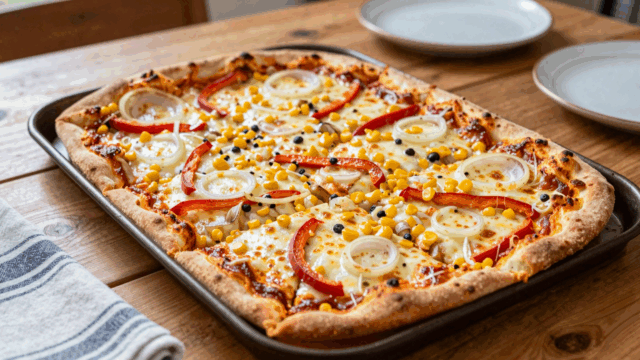 Blechpizza mit Paprika, Zwiebeln und Mais, in acht Stücke geschnitten