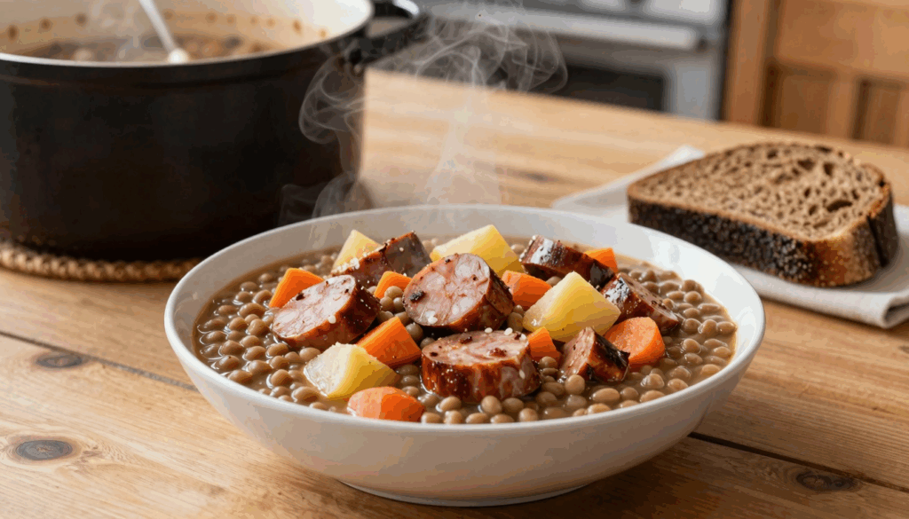 Teller mit sämigem Erbseneintopf, Wurstscheiben und einer Scheibe Brot