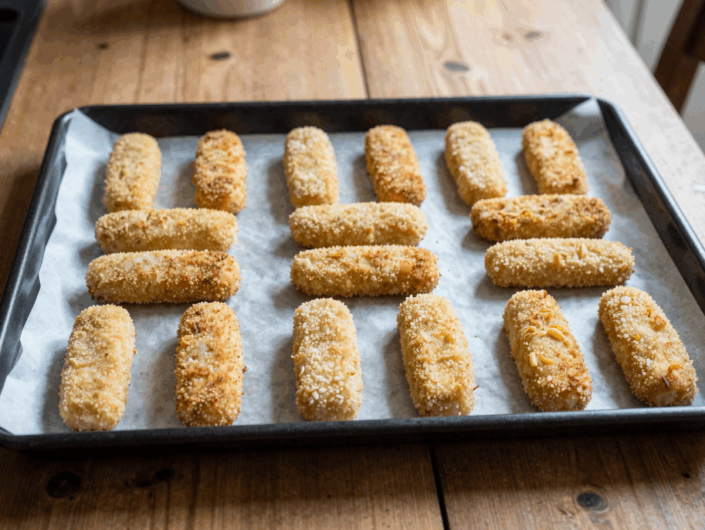 Fünfzehn Fischstäbchen mit Abstand auf dem Backblech