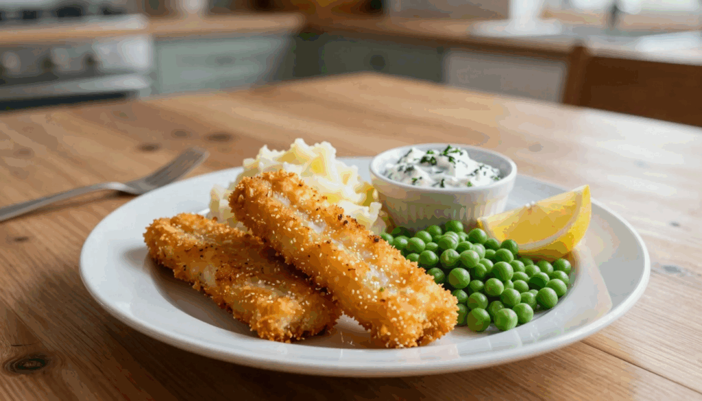 Teller mit Fischstäbchen, Kartoffelpüree, Erbsen und Kräuterdip