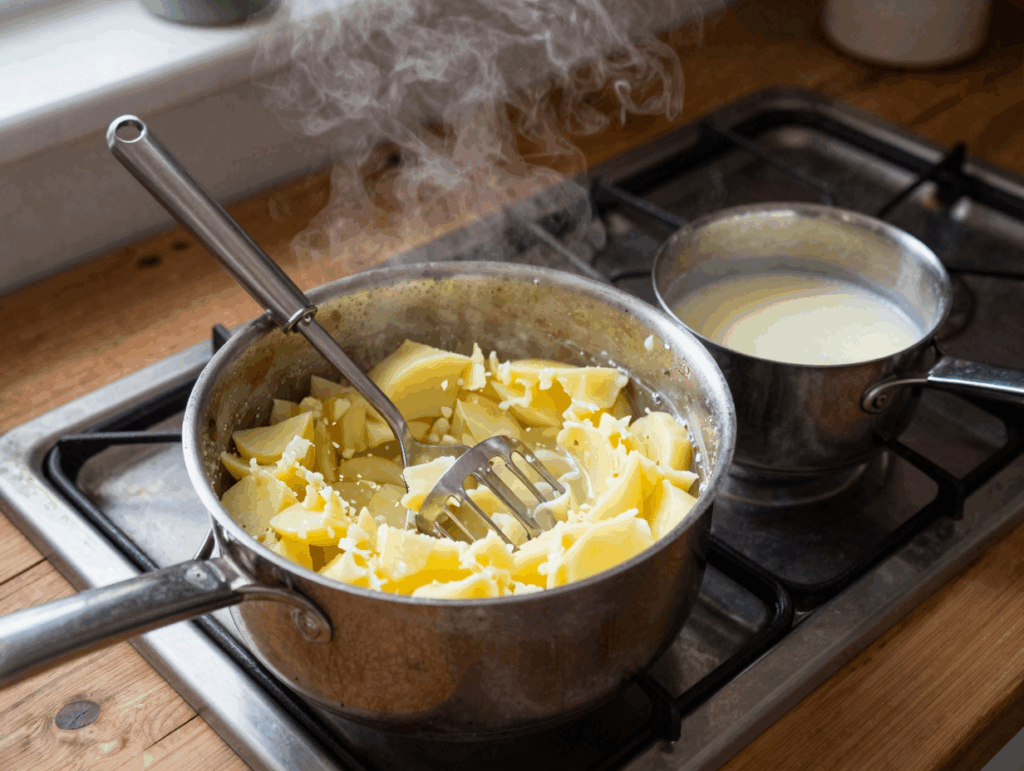 Kartoffelpüree im Topf mit Stampfer, daneben warme Milch mit Butter