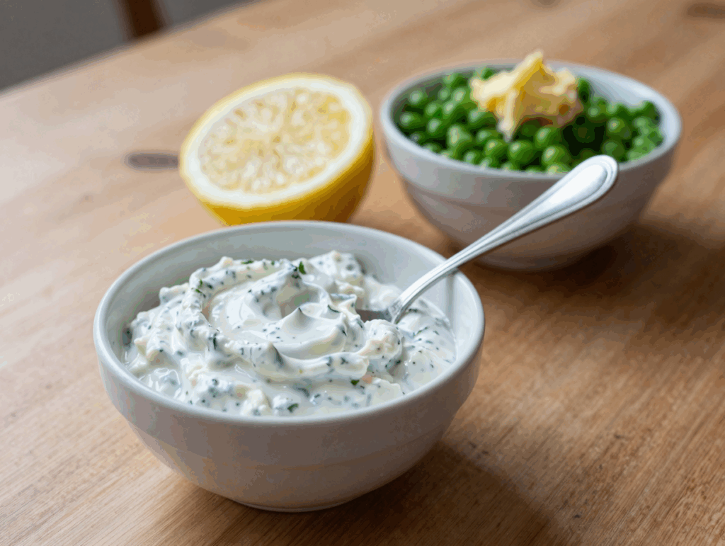 Schmand-Dip mit Zitrone und eine Schüssel Butter-Erbsen