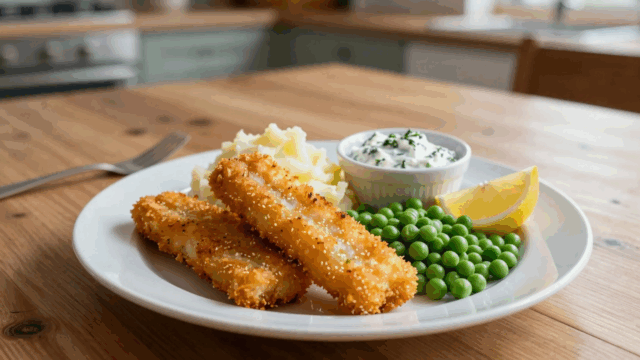 Teller mit Fischstäbchen, Kartoffelpüree, Erbsen und Kräuterdip