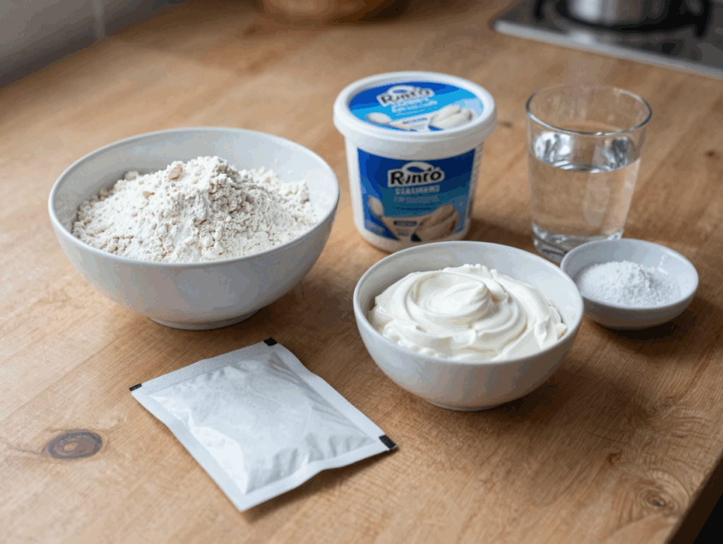 Mehl, Naturjoghurt, Backpulver, Salz und Wasser auf der Küchenarbeitsplatte