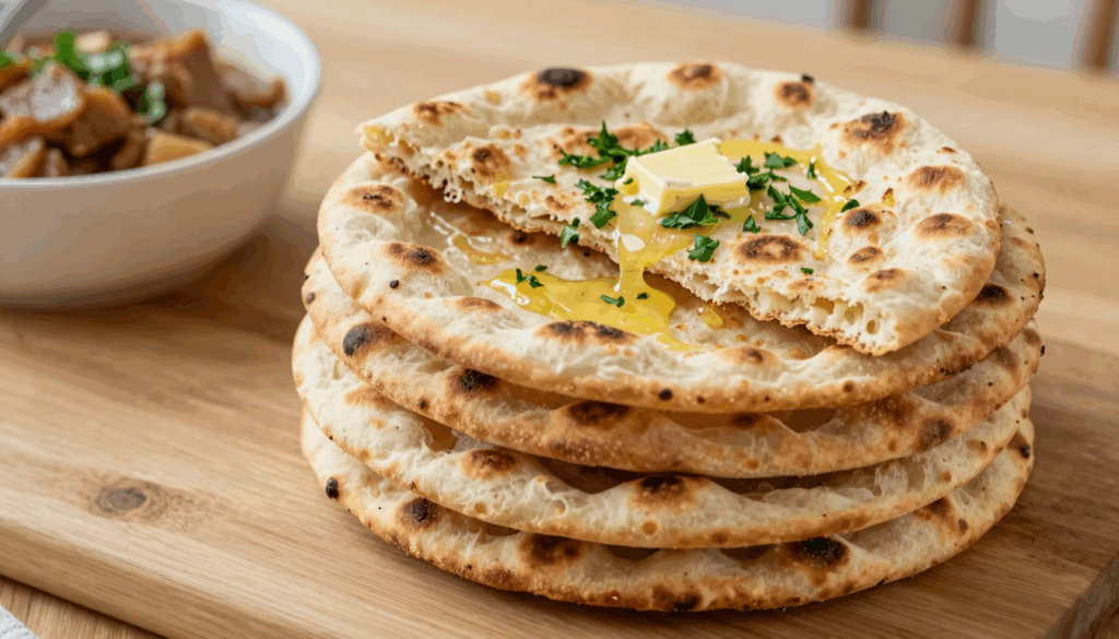 Stapel warmer Fladenbrote aus der Pfanne mit Knoblauchbutter und Petersilie