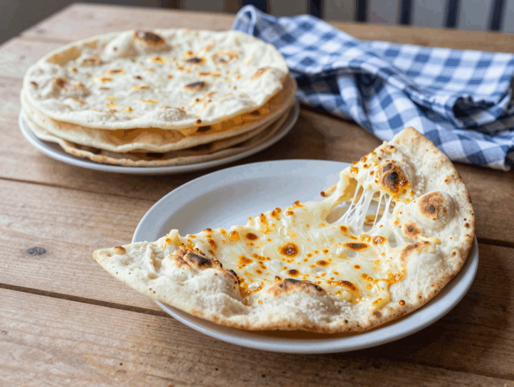 Aufgeklappte Käsetasche aus Fladenbrot mit geschmolzenem Käse