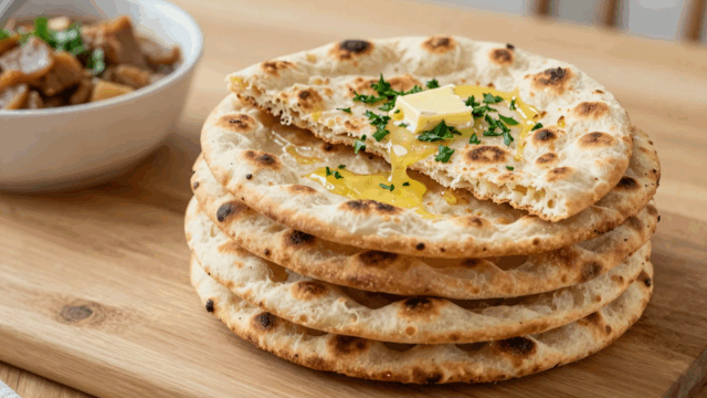 Stapel warmer Fladenbrote aus der Pfanne mit Knoblauchbutter und Petersilie