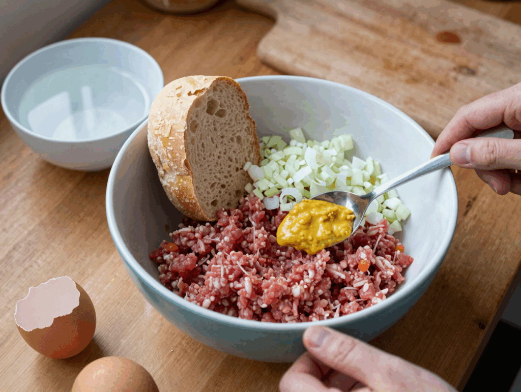 Schüssel mit Hackfleisch, eingeweichtem Brötchen, Zwiebelwürfeln, Ei und Senf