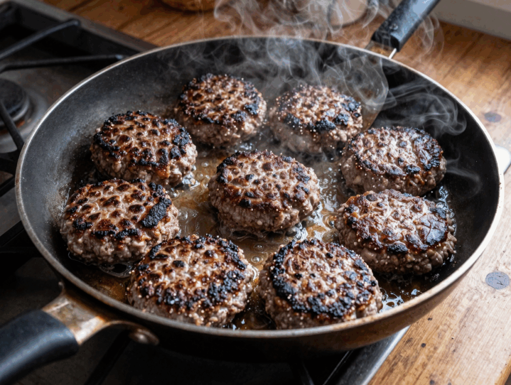 Acht flache Frikadellen braten in der großen Pfanne
