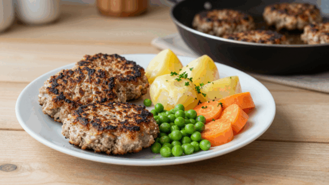 Teller mit Frikadellen, Salzkartoffeln, Erbsen und Möhren