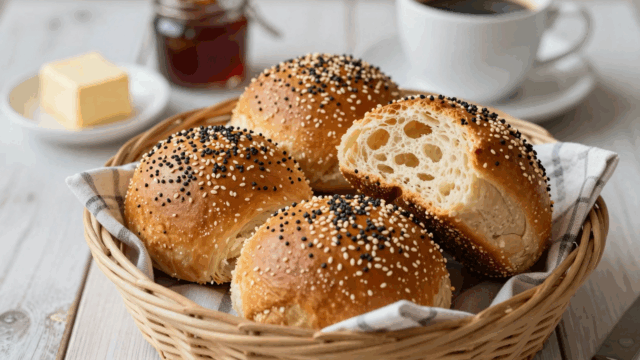 Korb mit frisch gebackenen Körnerbrötchen auf dem Frühstückstisch