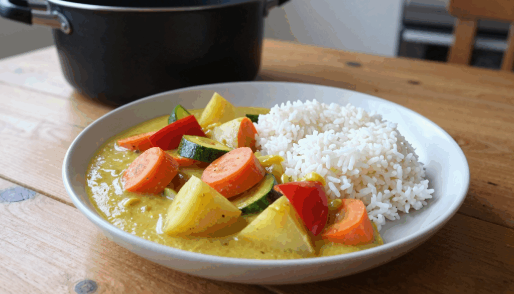 Teller mit Gemüsecurry aus Möhren, Kartoffeln und Paprika neben weißem Reis