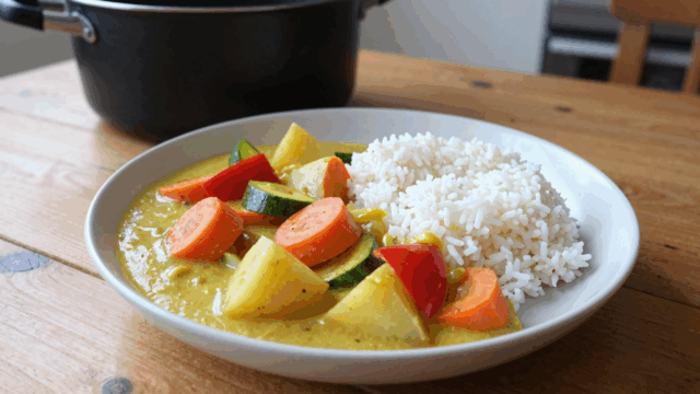 Teller mit Gemüsecurry aus Möhren, Kartoffeln und Paprika neben weißem Reis
