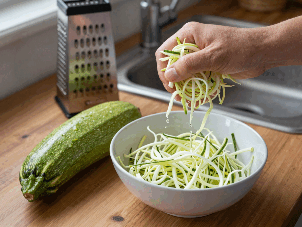 Fein geraspelte Zucchini wird über der Spüle ausgedrückt