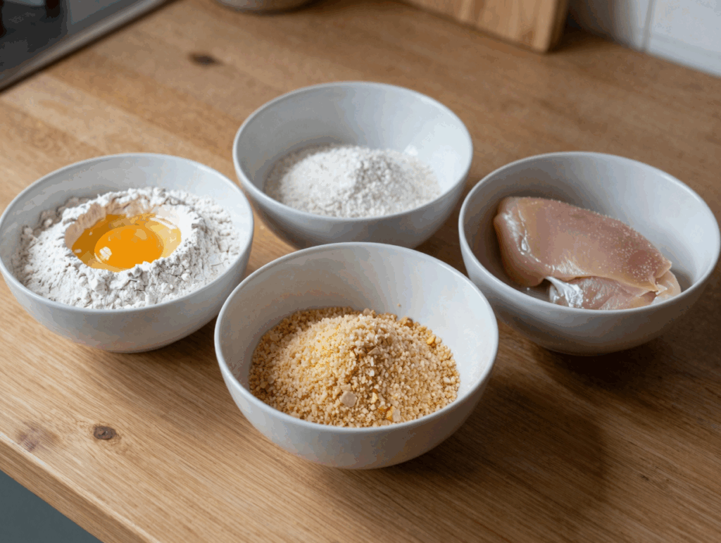 Drei Teller mit Mehl, Ei und Semmelbröseln zum Panieren