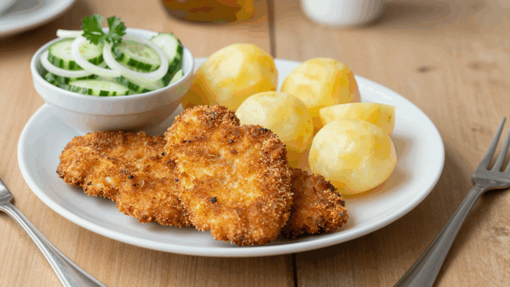 Vier panierte Hähnchenschnitzel mit Salzkartoffeln und Gurkensalat auf dem Tisch