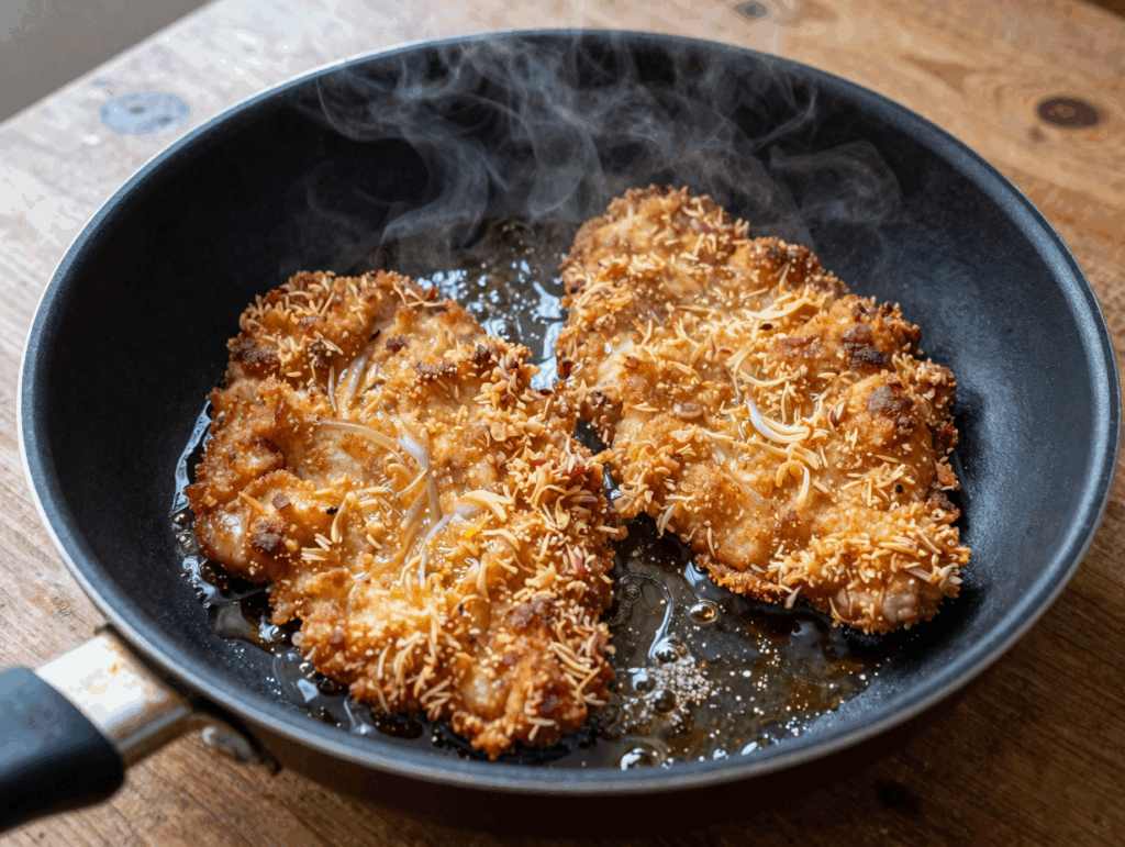 Panierte Hähnchenschnitzel braten in der Pfanne