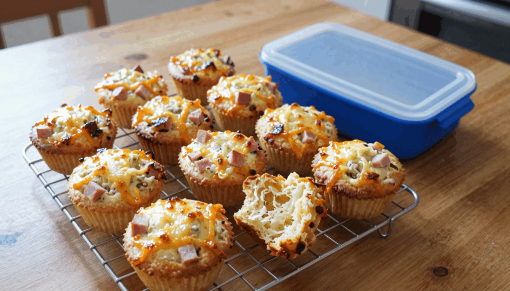 Herzhafte Käse-Schinken-Muffins auf dem Kuchengitter, einer aufgebrochen