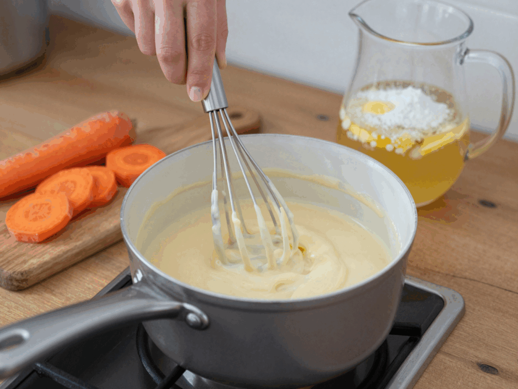 Helle Soße aus Butter, Mehl und Brühe wird im Topf glatt gerührt