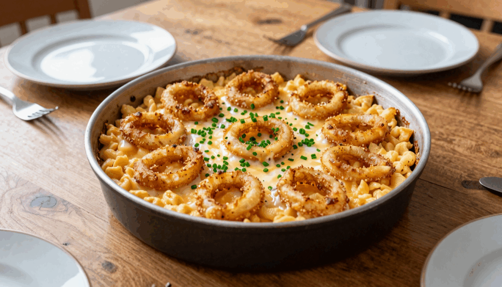Pfanne mit Käsespätzle, gerösteten Zwiebeln und Schnittlauch