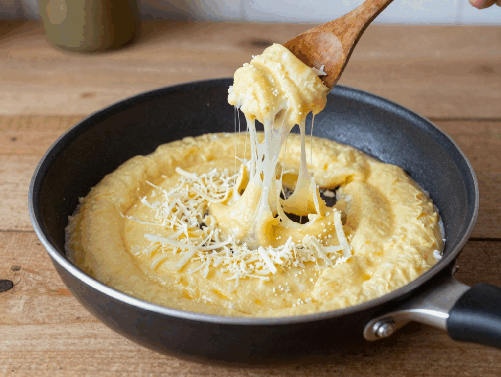 Geriebener Käse wird unter die heißen Spätzle gehoben und zieht Fäden