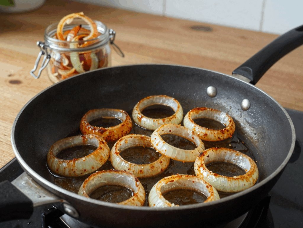 Zwiebelringe braten goldbraun, daneben ein Glas mit fertigen Röstzwiebeln