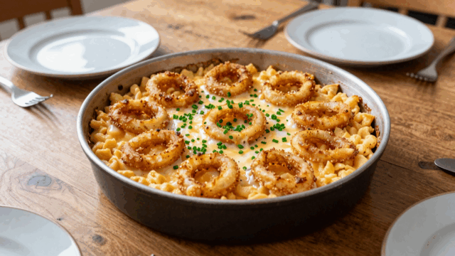 Pfanne mit Käsespätzle, gerösteten Zwiebeln und Schnittlauch