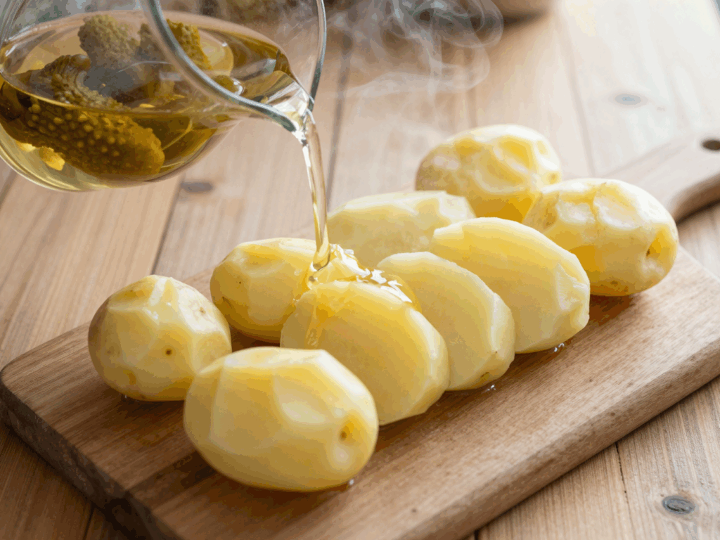 Warme Kartoffelscheiben in der Schüssel, mit Gurkenwasser übergossen