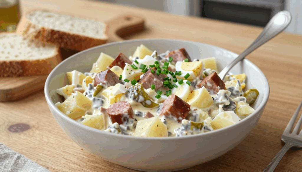 Große Schüssel Kartoffelsalat mit Fleischwurstwürfeln und Schnittlauch