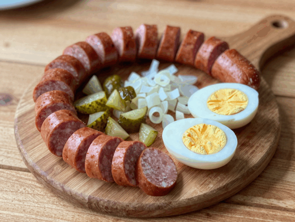 Fleischwurst, Gewürzgurken, Zwiebel und Eier auf dem Schneidebrett
