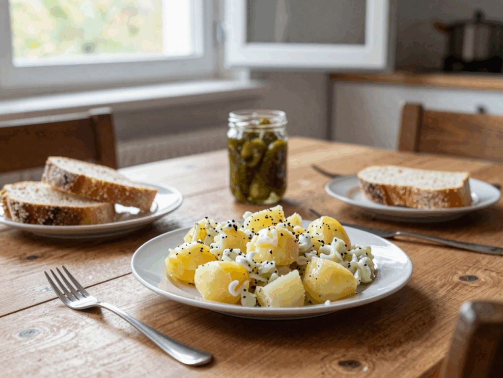 Abendbrottisch mit Kartoffelsalat, Brot und Gewürzgurken